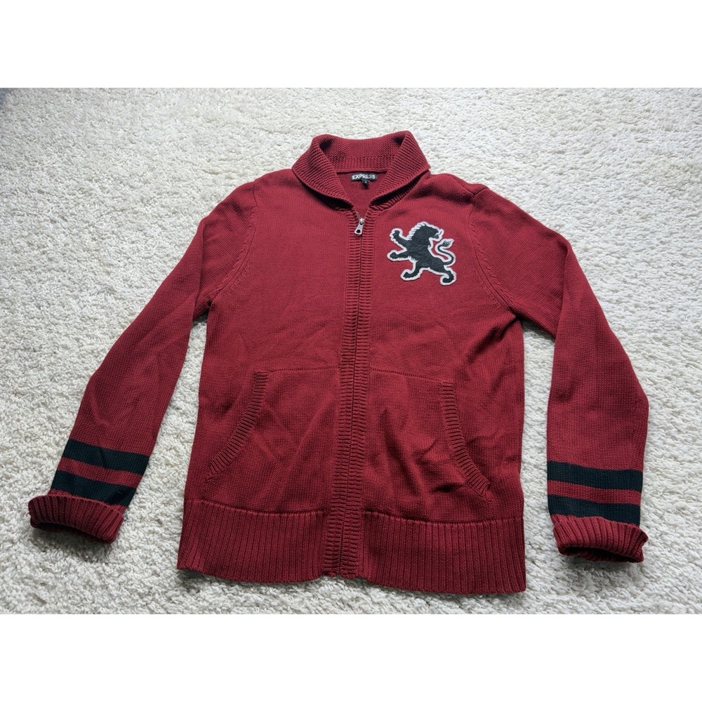 Express Men's Big Logo Zip Shawl Collar Sweater Cardigan Size L Red EUC